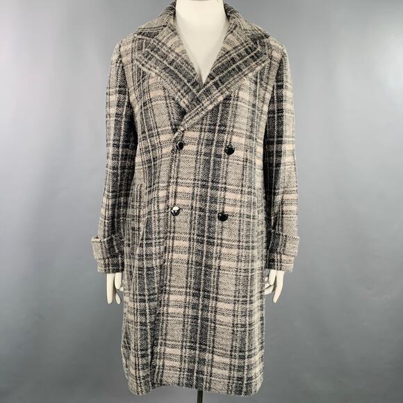 ELIE TAHARI Size L Grey Black Nylon Blend Plaid Double Breasted Coat - Picture 1 of 6